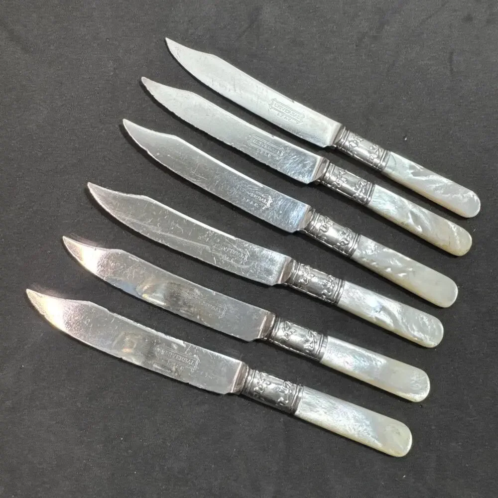 Six Mother Of Pearl and Sterling Silver Fruit Knives